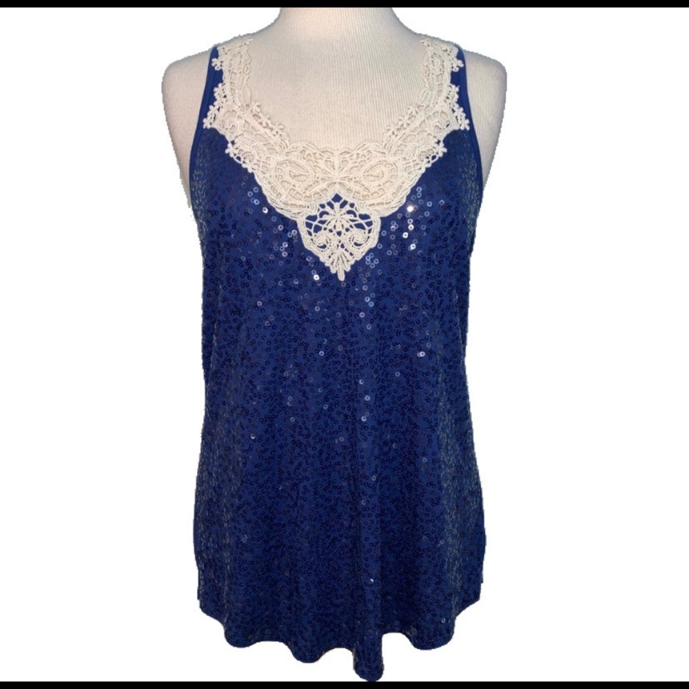 Express sequin and crochet front navy tank